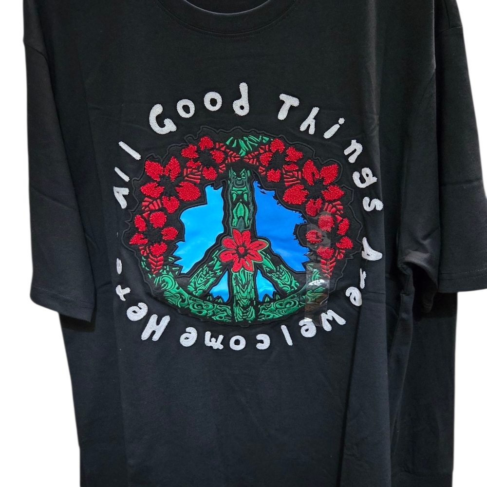 Black Graphic Tee with Peace Sign Design